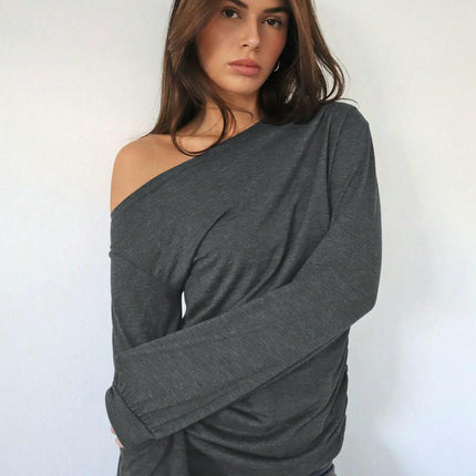 Long Sleeve Tunic Tops for Women Casual Off Shoulder Ruched Loose Shirts