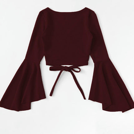 Women's V Neck Bell Long Sleeve T-Shirt Tie Crop Slim Fit Going Out Top