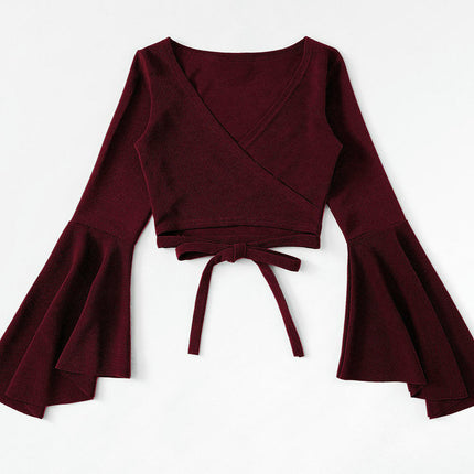 Women's V Neck Bell Long Sleeve T-Shirt Tie Crop Slim Fit Going Out Top