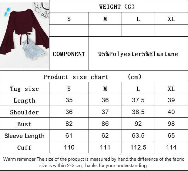 Women's V Neck Bell Long Sleeve T-Shirt Tie Crop Slim Fit Going Out Top