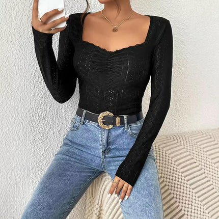 Women's Lace Trim Square Neck Long Sleeve Eyelet Crop Tops Ruched Slim Fit Shirts