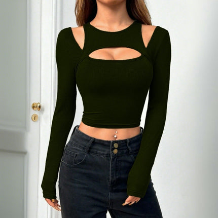 Women's Cut Out Tee Shirt Long Sleeve Round Neck Casual Slim Fit Crop Tops