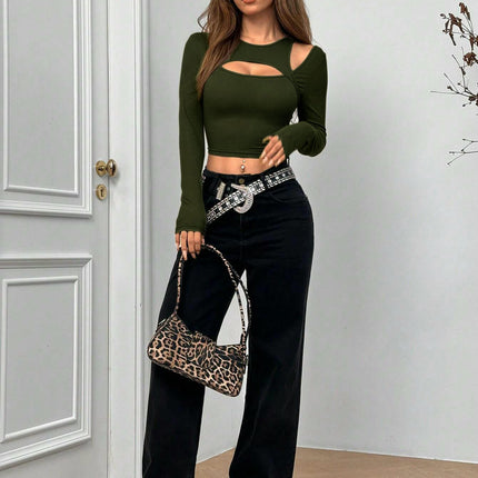 Women's Cut Out Tee Shirt Long Sleeve Round Neck Casual Slim Fit Crop Tops