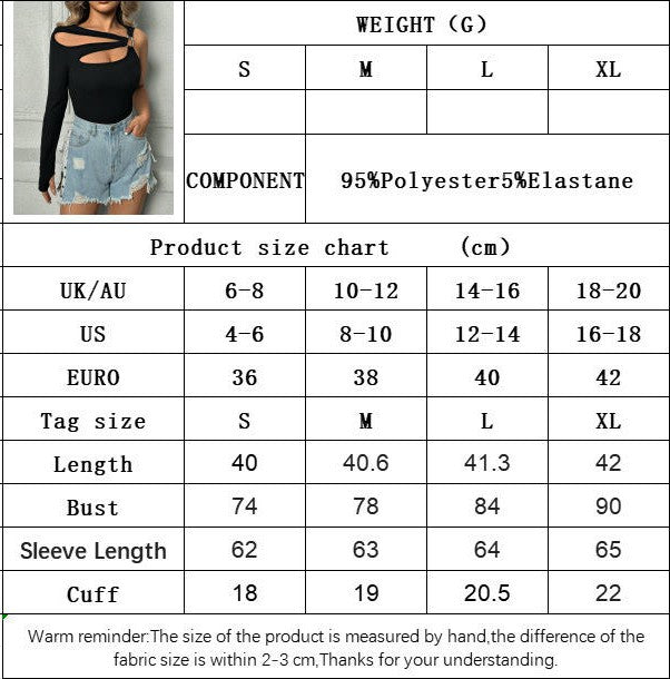 Women's Cut Out Long Sleeve Crop Top Asymmetrical Neck Slim Fit Tee Shirts