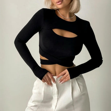 Women's Cut Out Slim Fit Tee Shirt Crew Neck Long Sleeve Tie Back Crop Top