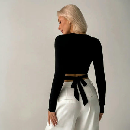 Women's Cut Out Slim Fit Tee Shirt Crew Neck Long Sleeve Tie Back Crop Top