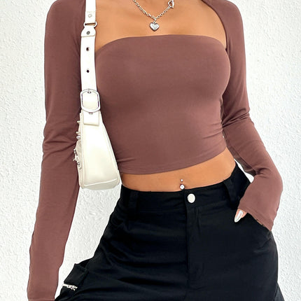 Women's Sexy Square Neck Shirt Long Sleeve Backless Tees Fitted Going Out Crop Tops
