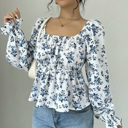 Women's Floral Print Blouse Square Neck Puff Long Sleeve Peplum Ruffle Hem Tops