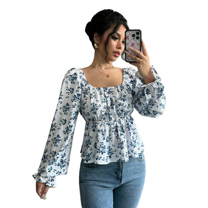Women's Floral Print Blouse Square Neck Puff Long Sleeve Peplum Ruffle Hem Tops