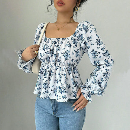 Women's Floral Print Blouse Square Neck Puff Long Sleeve Peplum Ruffle Hem Tops