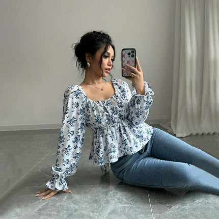 Women's Floral Print Blouse Square Neck Puff Long Sleeve Peplum Ruffle Hem Tops