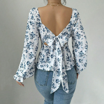 Women's Floral Print Blouse Square Neck Puff Long Sleeve Peplum Ruffle Hem Tops