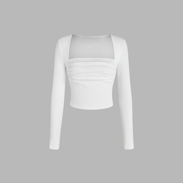 Women's Square Neck Long Sleeve Crop Tops Ruched Slim Fit T Shirts