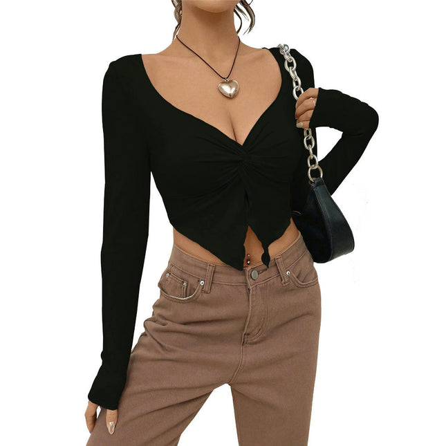 Women's Twist Split Front V Neck T Shirts Long Sleeve Slim Fit Lettuce Trim Casual Tops