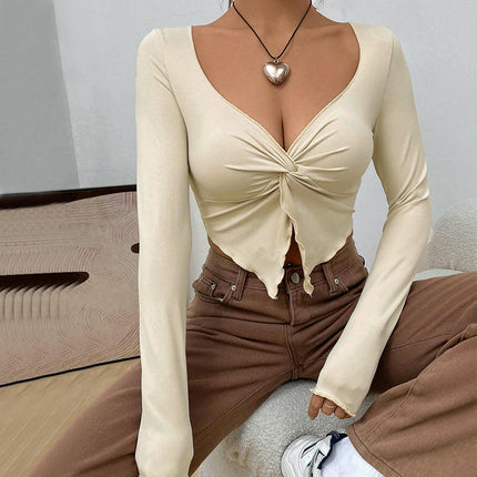 Women's Twist Split Front V Neck T Shirts Long Sleeve Slim Fit Lettuce Trim Casual Tops