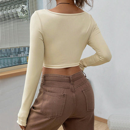 Women's Twist Split Front V Neck T Shirts Long Sleeve Slim Fit Lettuce Trim Casual Tops