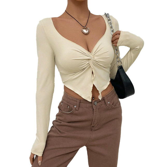 Women's Twist Split Front V Neck T Shirts Long Sleeve Slim Fit Lettuce Trim Casual Tops