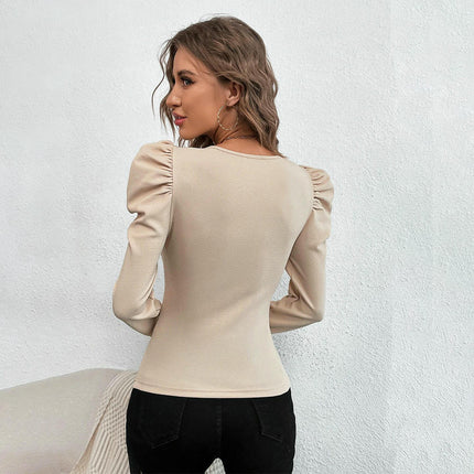 Womens Square Neck T Shirts Puff Long Sleeve Tops Slim Fitted Tees