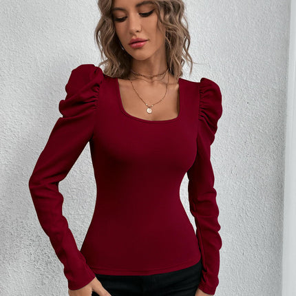 Womens Square Neck T Shirts Puff Long Sleeve Tops Slim Fitted Tees
