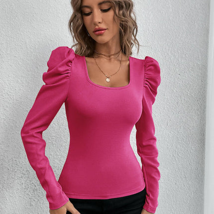 Womens Square Neck T Shirts Puff Long Sleeve Tops Slim Fitted Tees