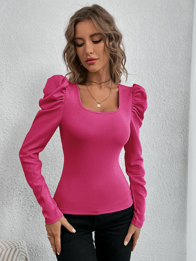 Womens Square Neck T Shirts Puff Long Sleeve Tops Slim Fitted Tees
