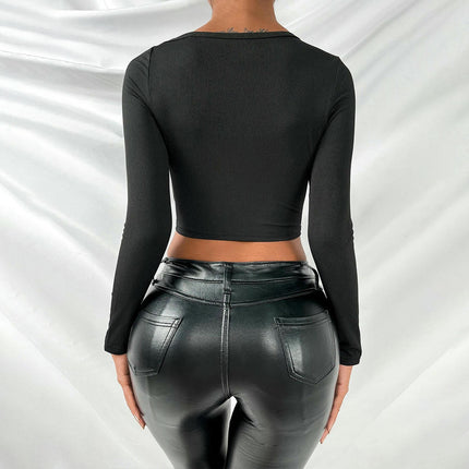 Women's Crew Neck Cut Out Long Sleeve Slim Fit T Shirt Crop Tops