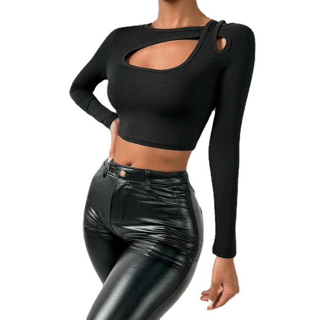 Women's Crew Neck Cut Out Long Sleeve Slim Fit T Shirt Crop Tops