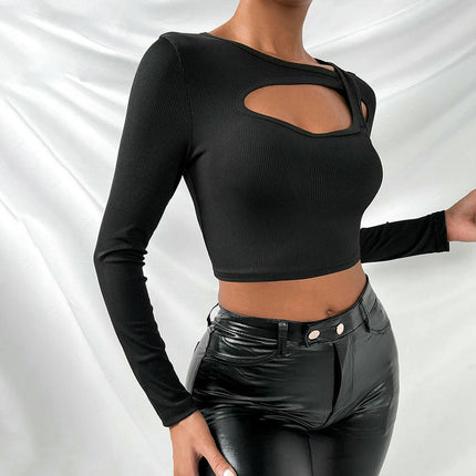 Women's Crew Neck Cut Out Long Sleeve Slim Fit T Shirt Crop Tops