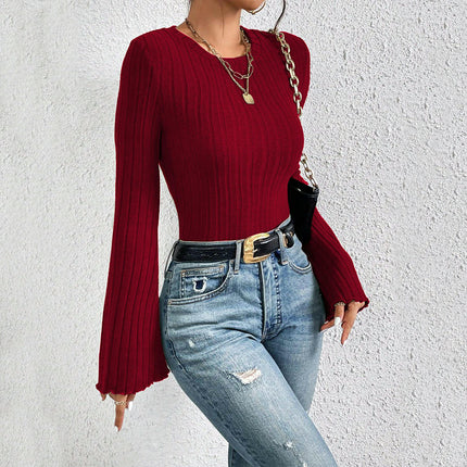 Womens Crew Neck Bell Long Sleeve T Shirt Slim Fit Tees Ribbed Knit Crop Tops