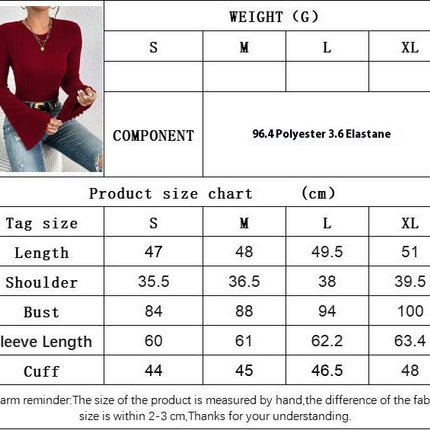 Womens Crew Neck Bell Long Sleeve T Shirt Slim Fit Tees Ribbed Knit Crop Tops