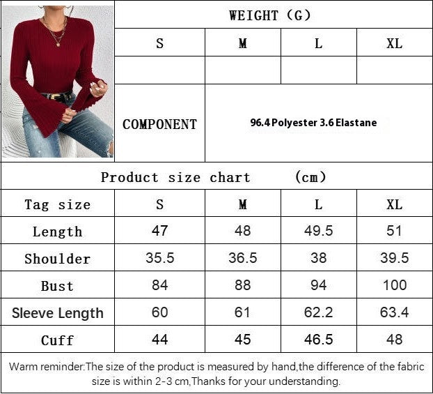 Womens Crew Neck Bell Long Sleeve T Shirt Slim Fit Tees Ribbed Knit Crop Tops