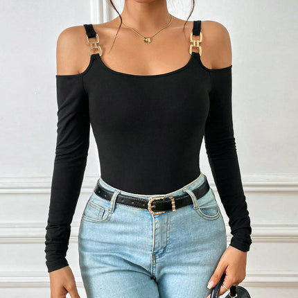 Womens Cold Shoulder Long Sleeve Shirts Going Out Slim Fitted Crop Tops