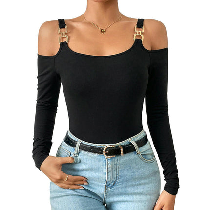 Womens Cold Shoulder Long Sleeve Shirts Going Out Slim Fitted Crop Tops
