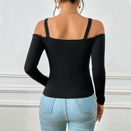 Womens Cold Shoulder Long Sleeve Shirts Going Out Slim Fitted Crop Tops