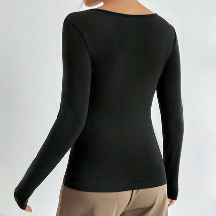 Women's Casual Long Sleeve Sweetheart Neck Top Elegant Slim Fit Solid Color T Shirt