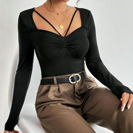 Women's Casual Long Sleeve Sweetheart Neck Top Elegant Slim Fit Solid Color T Shirt