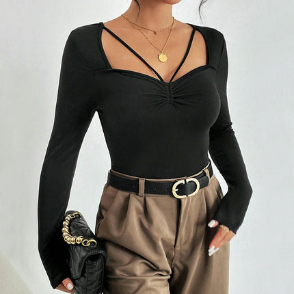Women's Casual Long Sleeve Sweetheart Neck Top Elegant Slim Fit Solid Color T Shirt