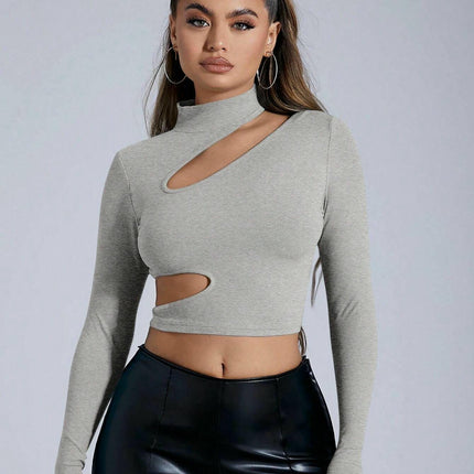 Women's Cut Out Mock Neck Long Sleeve T Shirt Slim Fitted Crop Tops