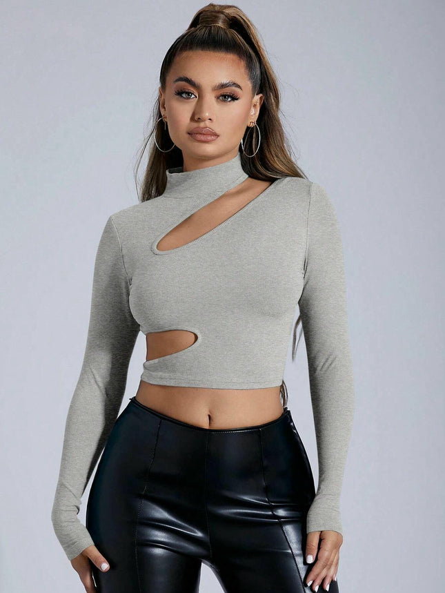 Women's Cut Out Mock Neck Long Sleeve T Shirt Slim Fitted Crop Tops