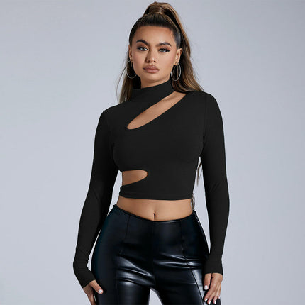 Women's Cut Out Mock Neck Long Sleeve T Shirt Slim Fitted Crop Tops