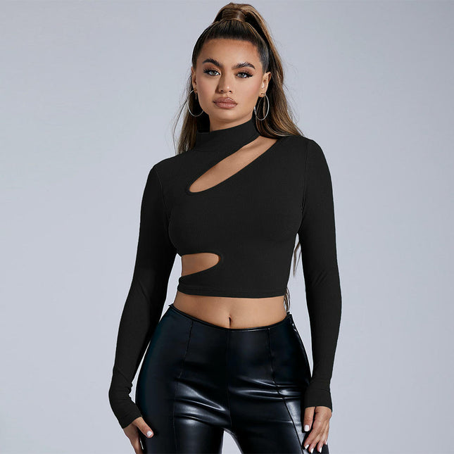 Women's Cut Out Mock Neck Long Sleeve T Shirt Slim Fitted Crop Tops