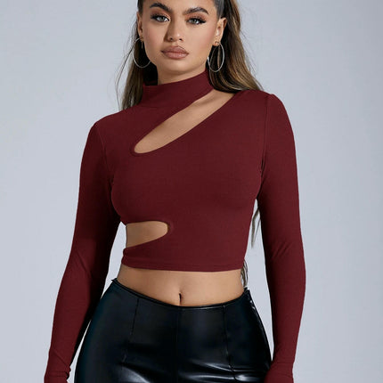 Women's Cut Out Mock Neck Long Sleeve T Shirt Slim Fitted Crop Tops