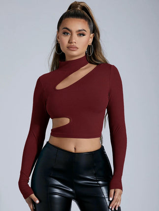 Women's Cut Out Mock Neck Long Sleeve T Shirt Slim Fitted Crop Tops