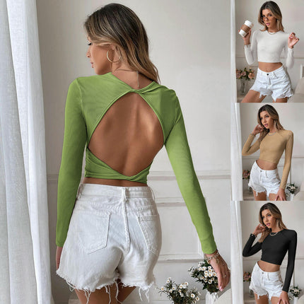 Women Twist Back Crop Top Going Out Crew Neck Long Sleeve Backless Shirt