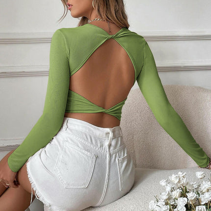 Women Twist Back Crop Top Going Out Crew Neck Long Sleeve Backless Shirt