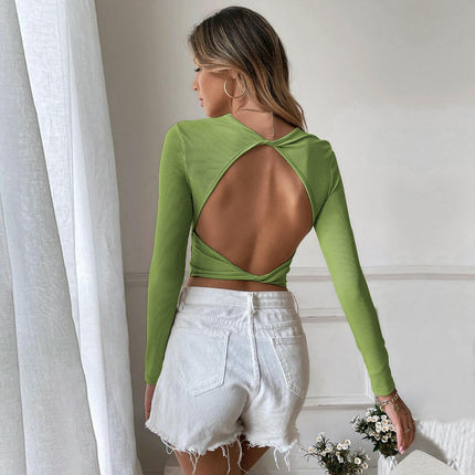 Women Twist Back Crop Top Going Out Crew Neck Long Sleeve Backless Shirt
