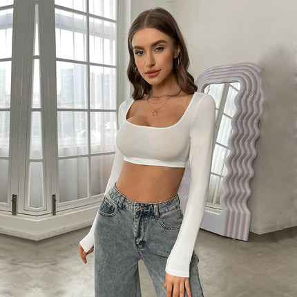 Long Sleeve Slim Fitted Crop Tops for Women Square Neck Going Out Tees Shirt