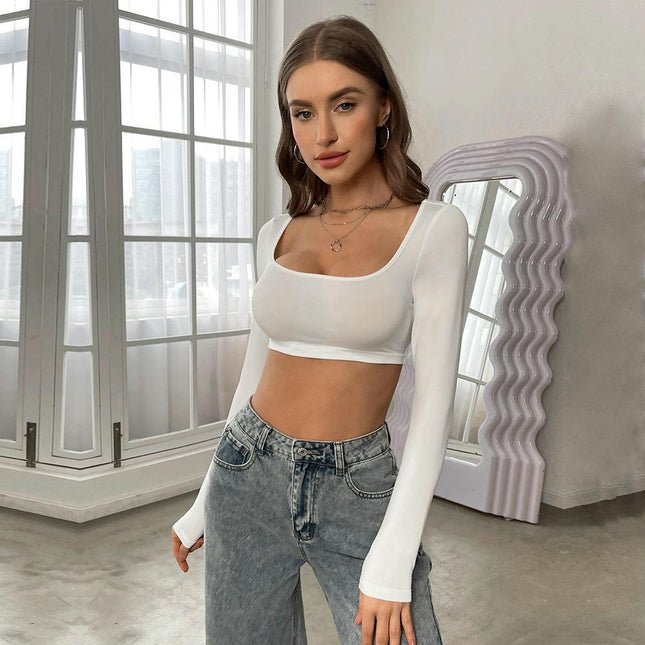Long Sleeve Slim Fitted Crop Tops for Women Square Neck Going Out Tees Shirt