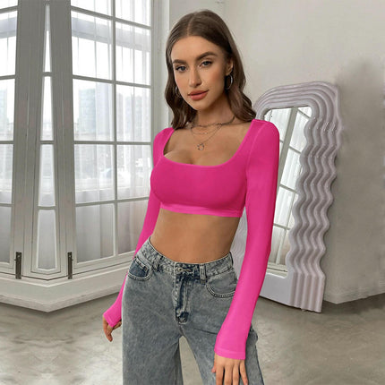Long Sleeve Slim Fitted Crop Tops for Women Square Neck Going Out Tees Shirt