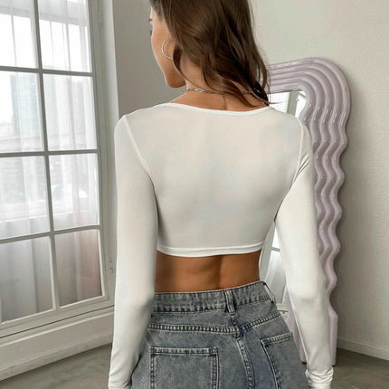 Long Sleeve Slim Fitted Crop Tops for Women Square Neck Going Out Tees Shirt